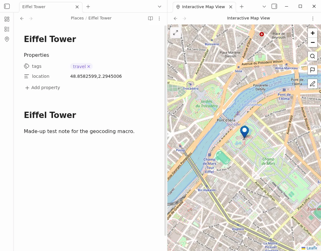 The Eiffel Tower note’s location property, and its pin in Map View